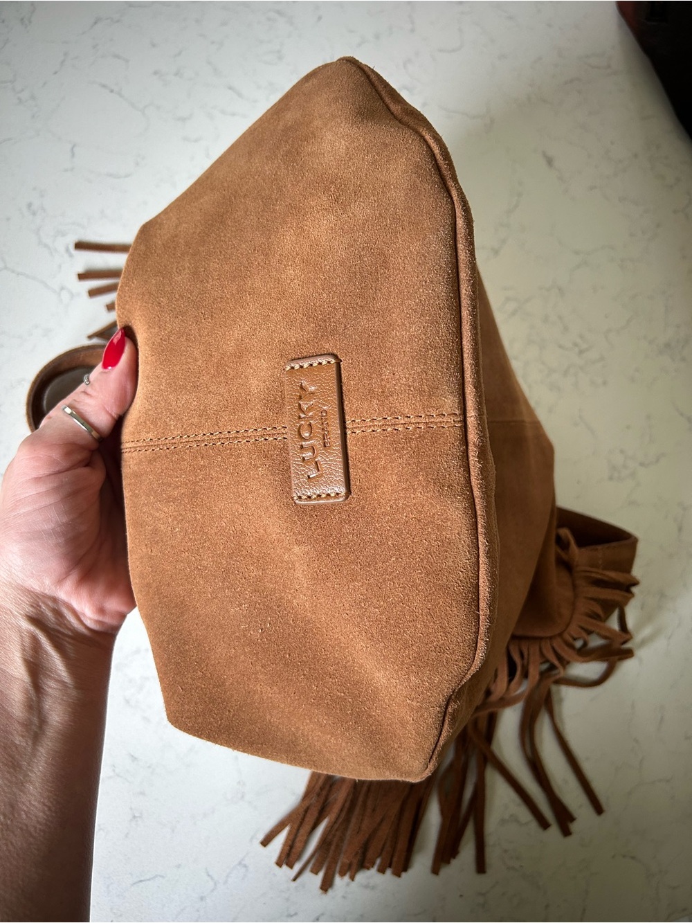 🍀Lucky Brand Nyra Suede Leather Fringe Tote Shoulder Bag in Rust Brown - Picture 11 of 16